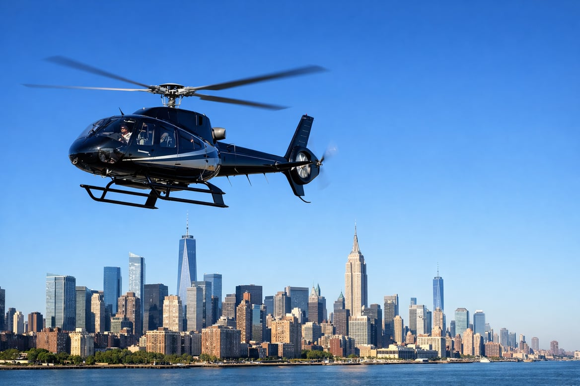 helicopter flying near city clear blue skies